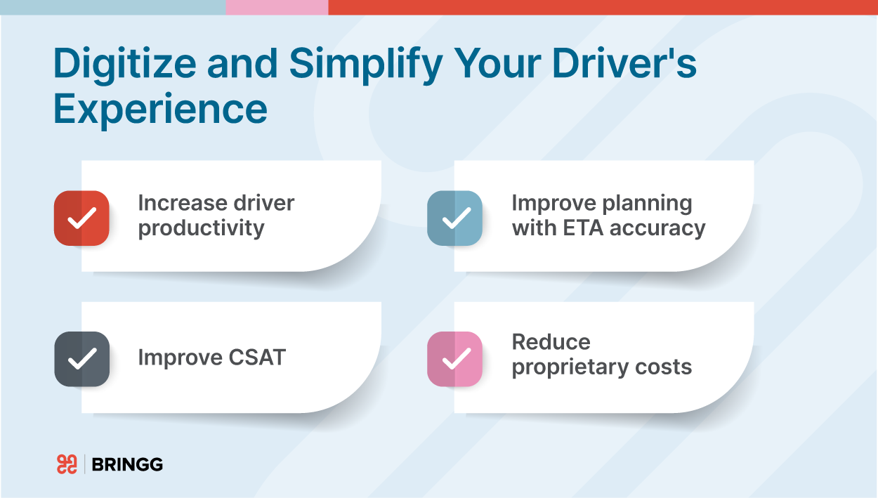 Digitize and simplify your driver's experience: increase driver productivity, improve planning with ETA accuracy, improve CSAT, and reduce proprietary costs